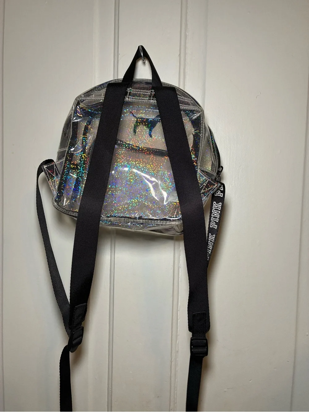 PINK Victoria's Secret Clear Holographic Glitter Mini Backpack - Black Logo